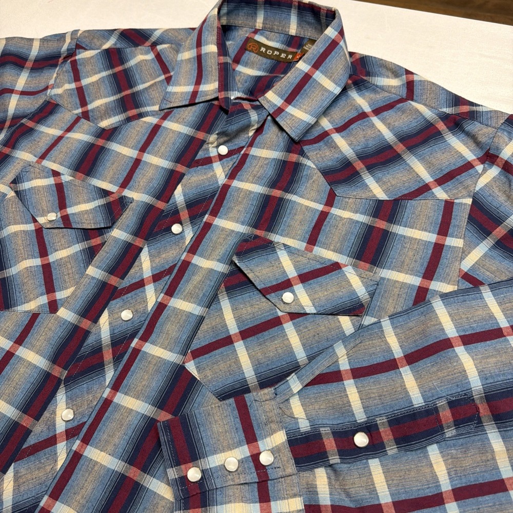 Roper Western Pearl Snap Blue Plaid Button Up‎ Mens Large